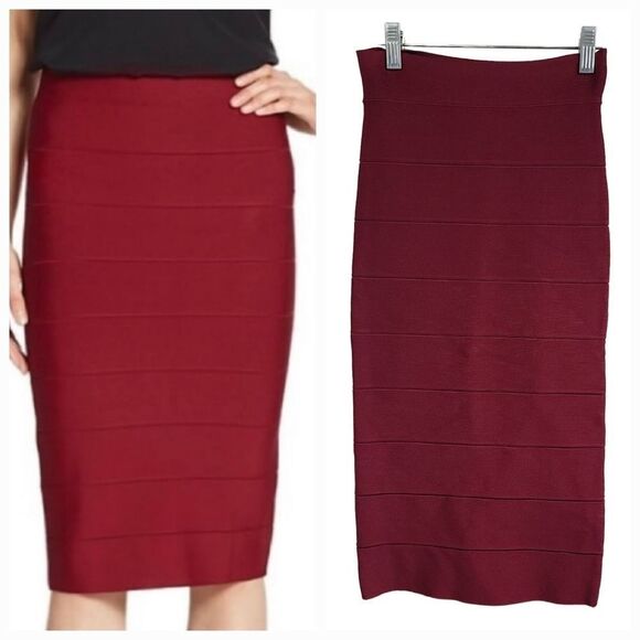 BCBGMaxAzria Leger Bandage Skirt Red Cranberry Bodycon Stretch Pencil Knee - Picture 1 of 8